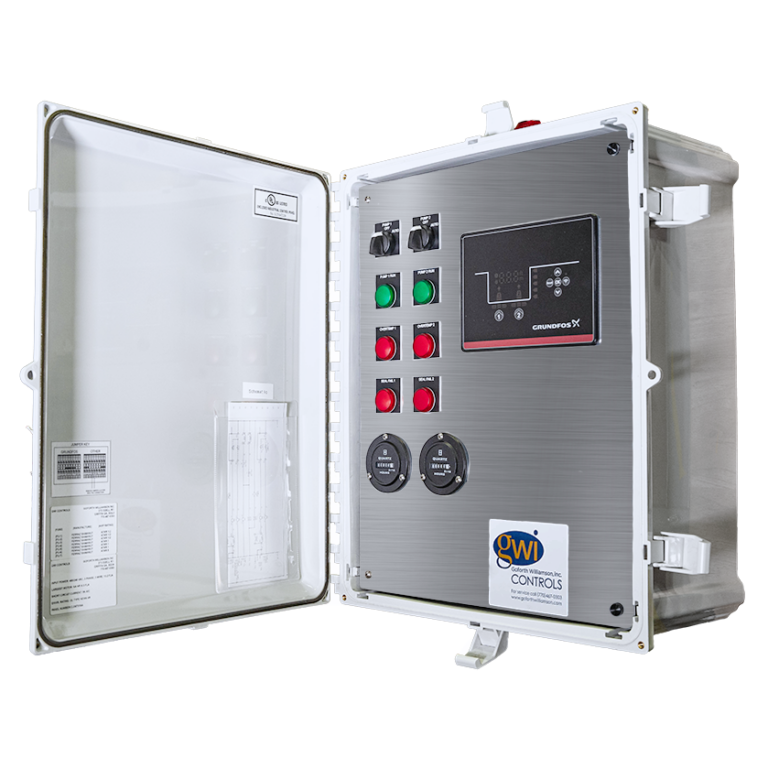 LiftLogic Control Panel with Grundfos Connect module on inner panel screen.